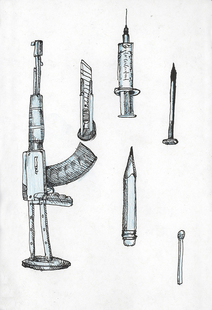 drawing, sketch of instruments, dangerous things,