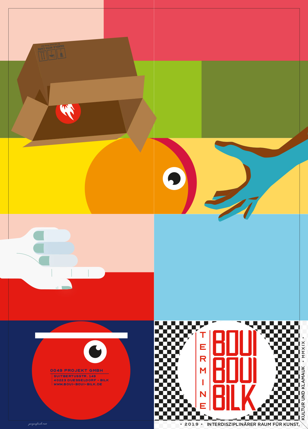 Illustrated eventfolder, boui boui bilk, cardboardbox, schedule, graphic, vector art, hands, eyes,