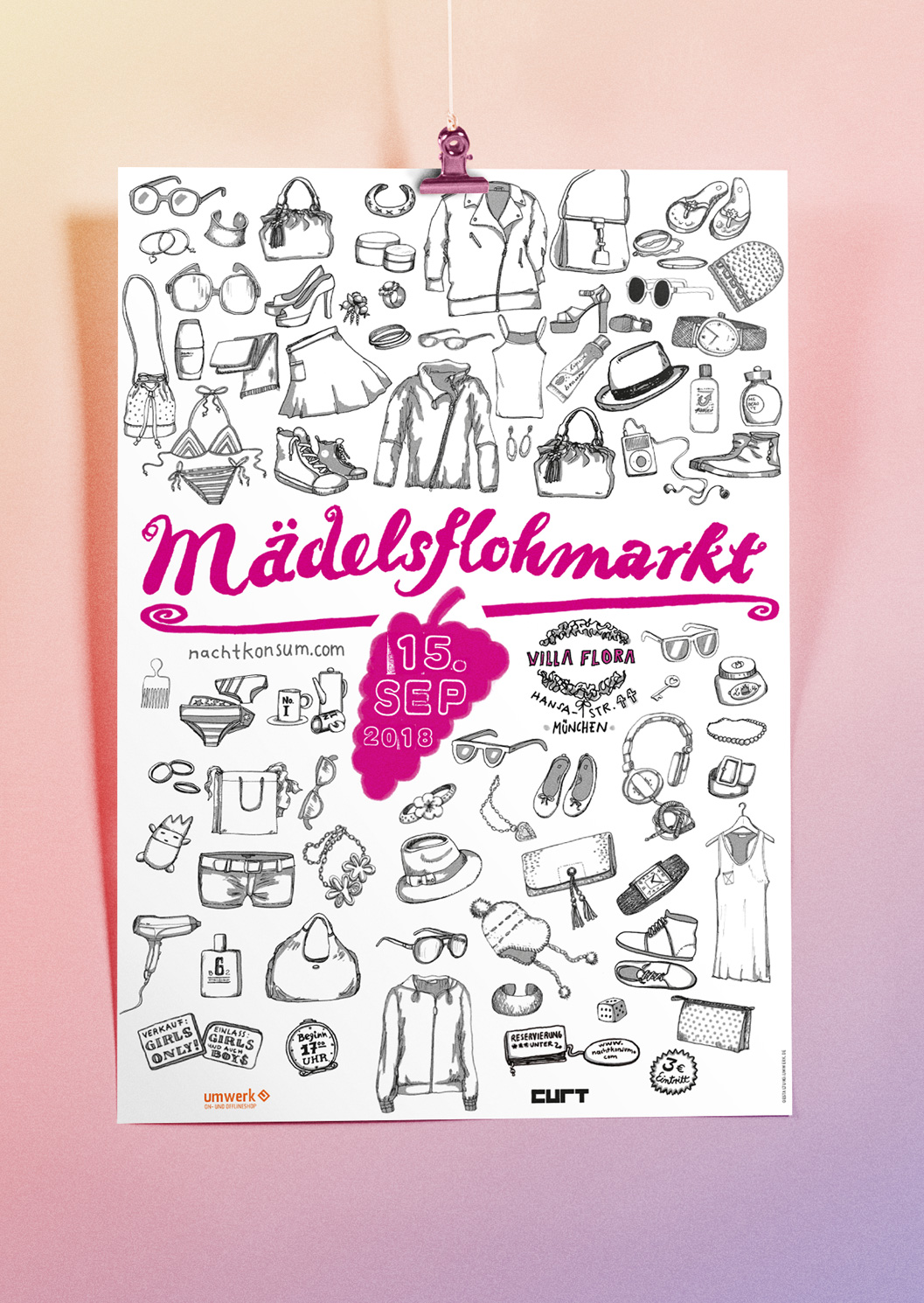 Mädelsflohmarkt, poster, keyvisual, illustrated eventposter, brand design, schriftmarke, 
