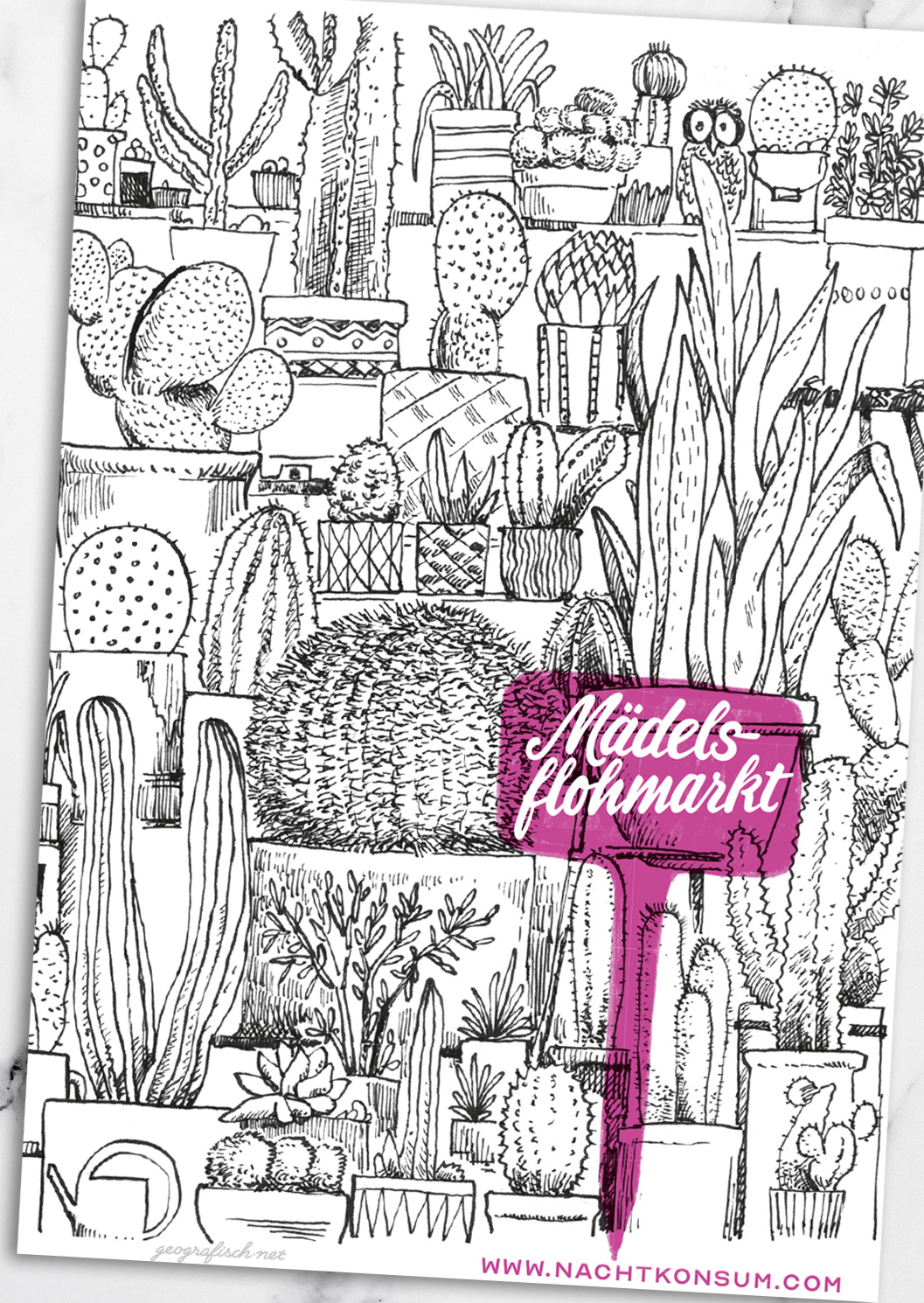 illustration, cactus, folder spread, mädelsflohmarkt, girls fleamarket, 0049events, düsseldorf, münchen