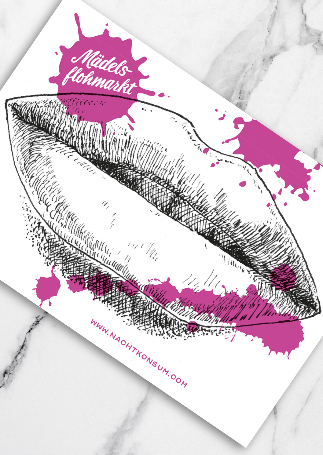 Illustration for folder, lips, girls mouth, Unfolded page for "Mädelsflohmarkt" / Girls Fleamarket, Munich, Düsseldorf,