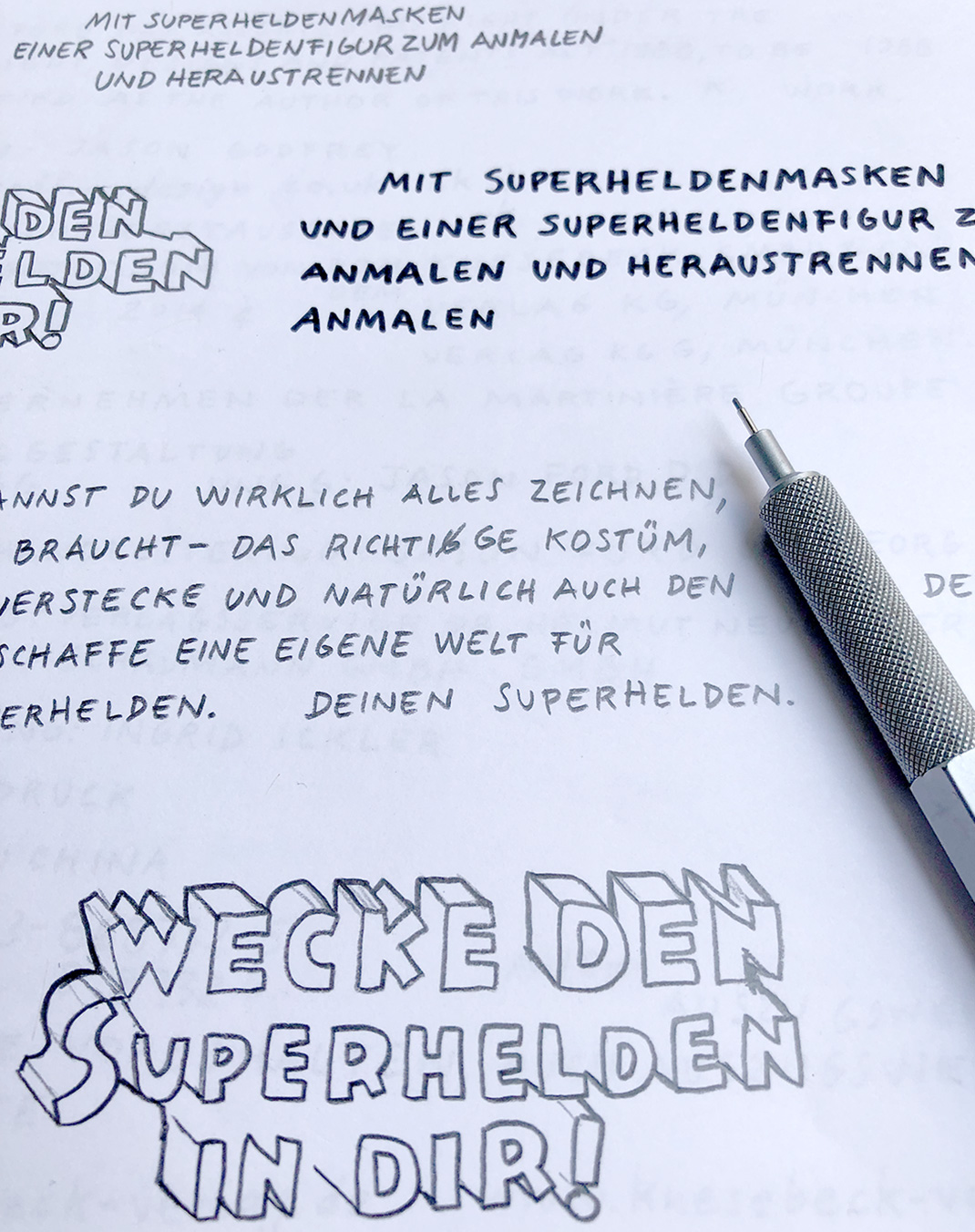 pen and paper, for Knesebeck Verlag, handlettering, superbook, superheroes, superhelden,